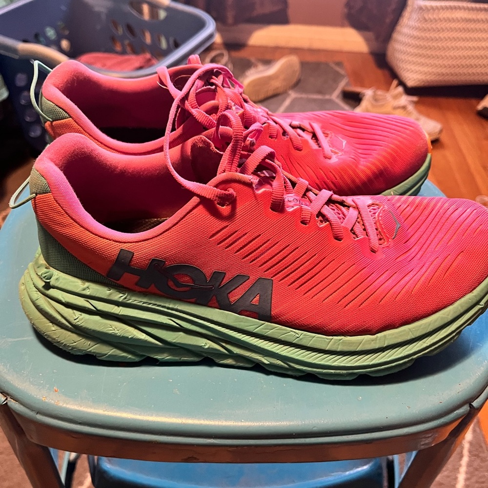 Hot pink hokas. Still have lots of wear left in them.
